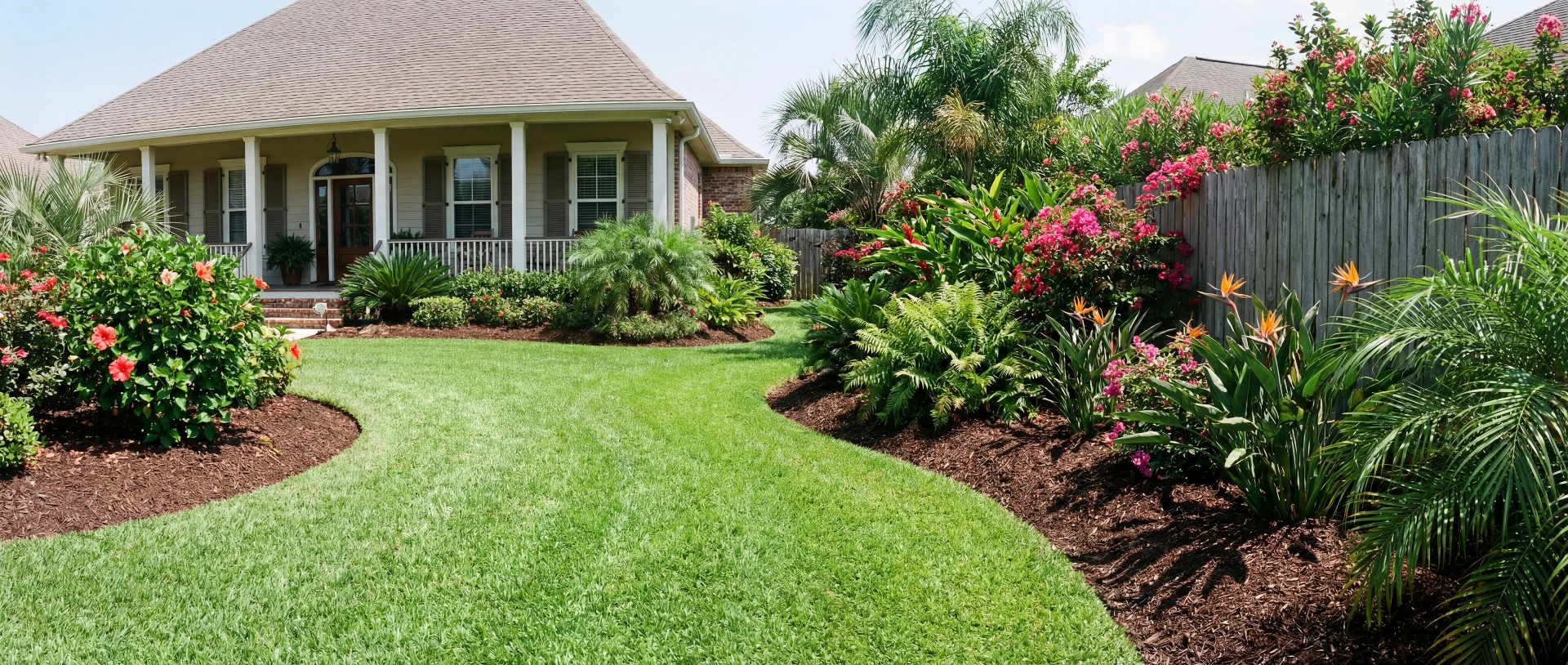Lush manicured backyard with crisp bed lines, fresh mulch, and tropical plantings