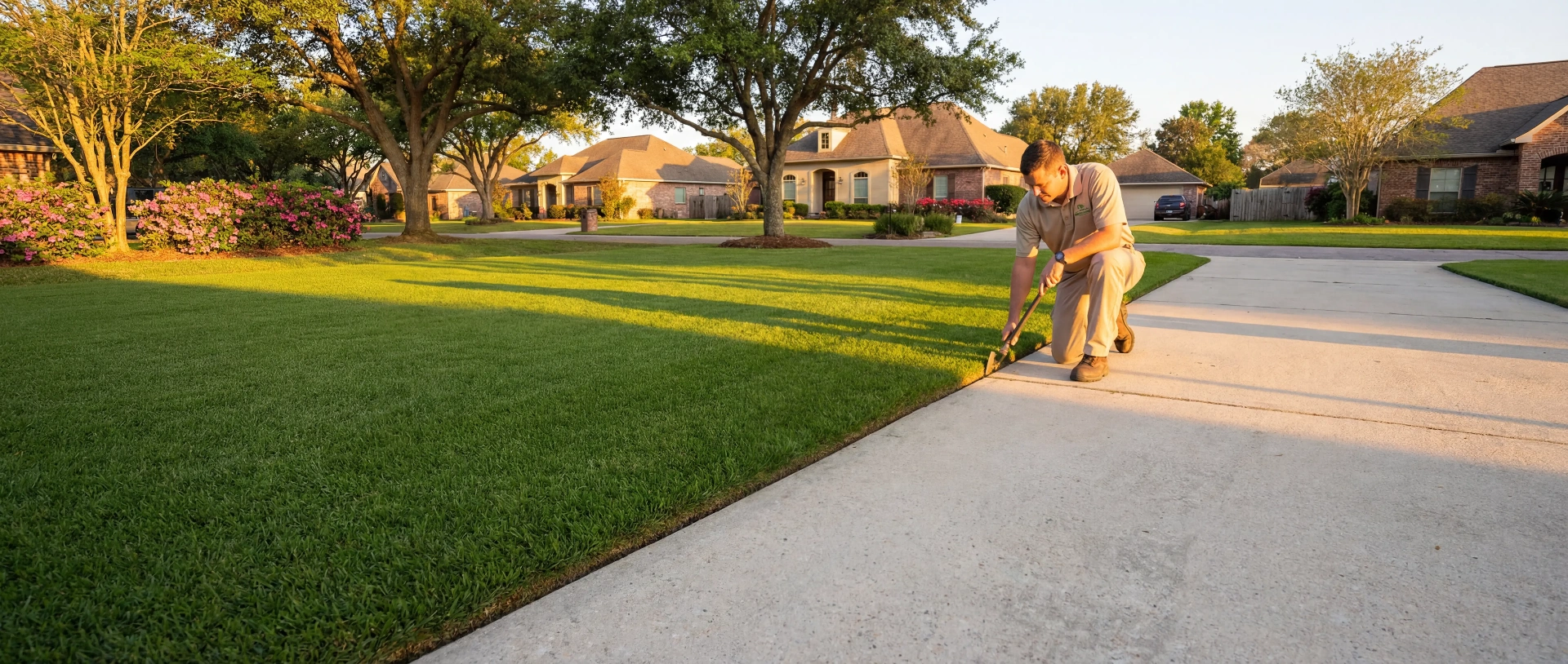 Lawn care professional hand-edging a manicured St. Augustine lawn along a driveway in Ascension Parish