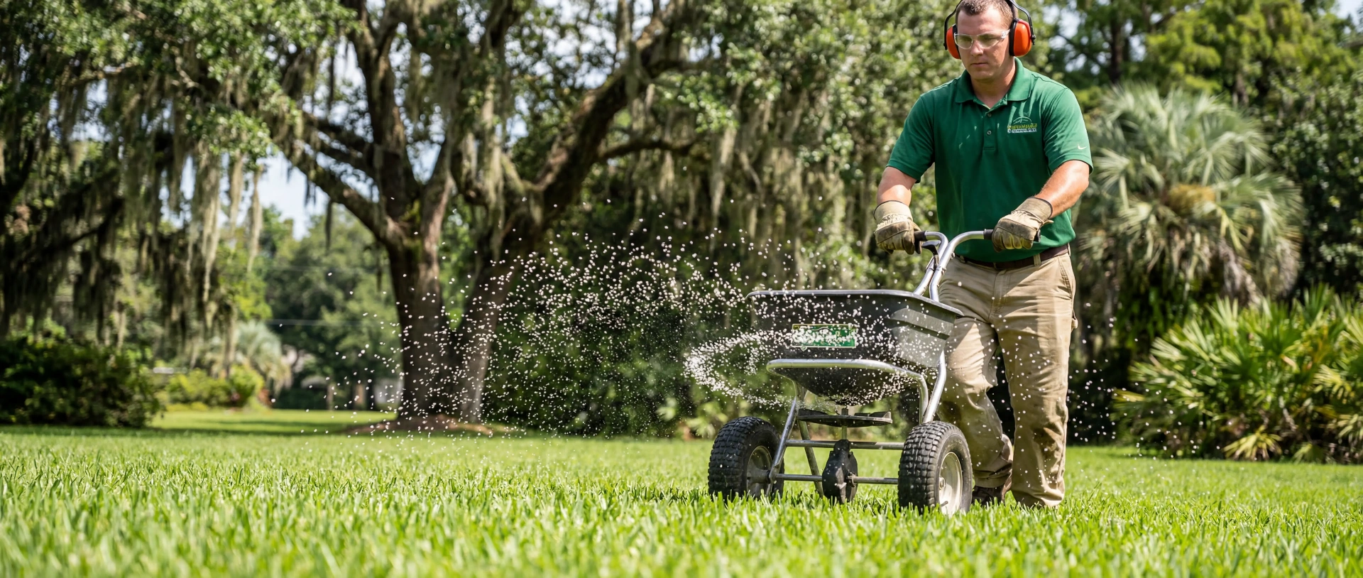 Technician spreading granular fertilizer with a broadcast spreader on a healthy Louisiana lawn