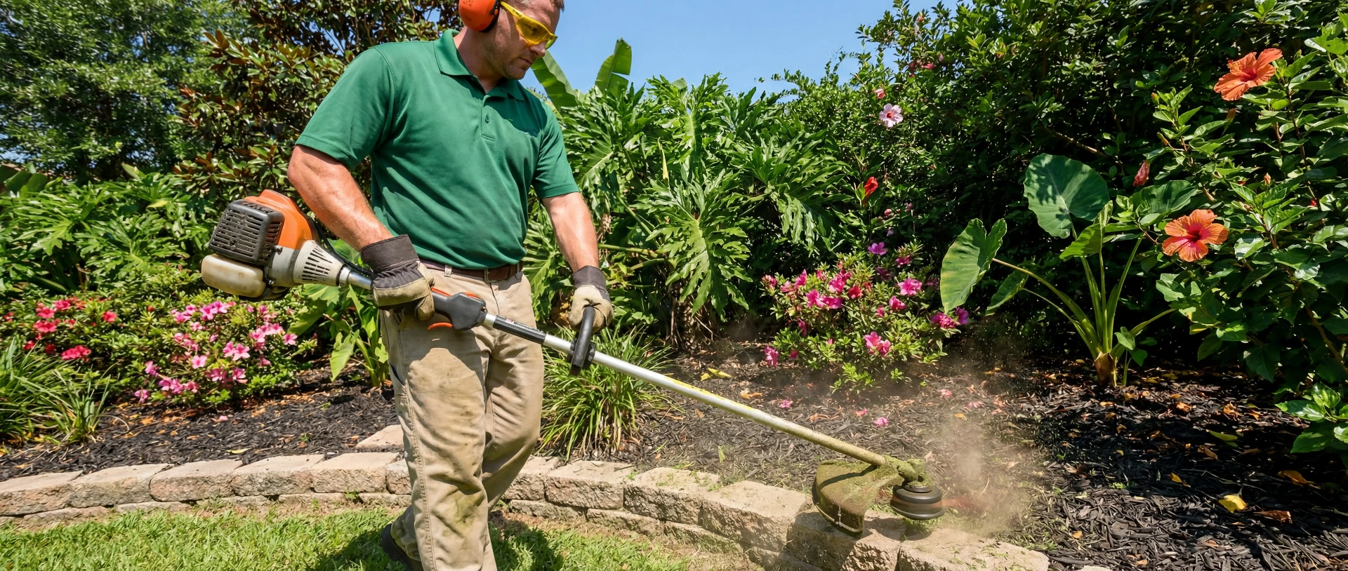 Crew member string trimming around tropical landscape beds in a Gonzales, LA front yard