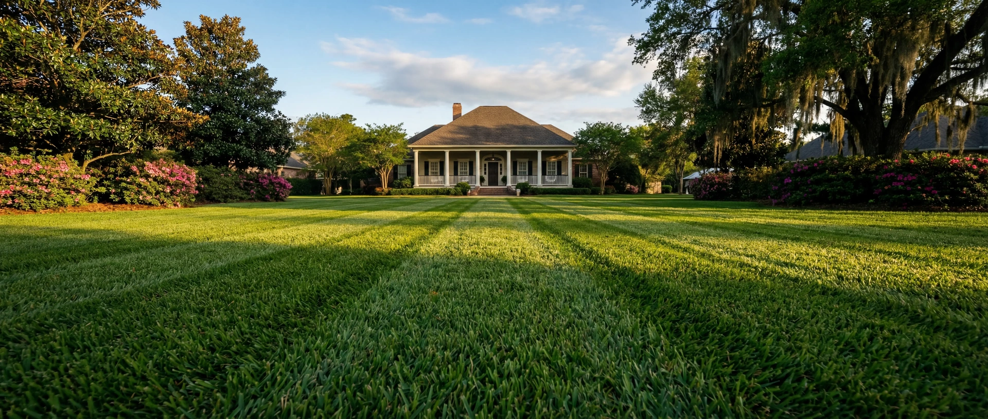 Beautifully manicured Bermuda grass lawn in front of a brick home in Gonzales, Louisiana at golden hour